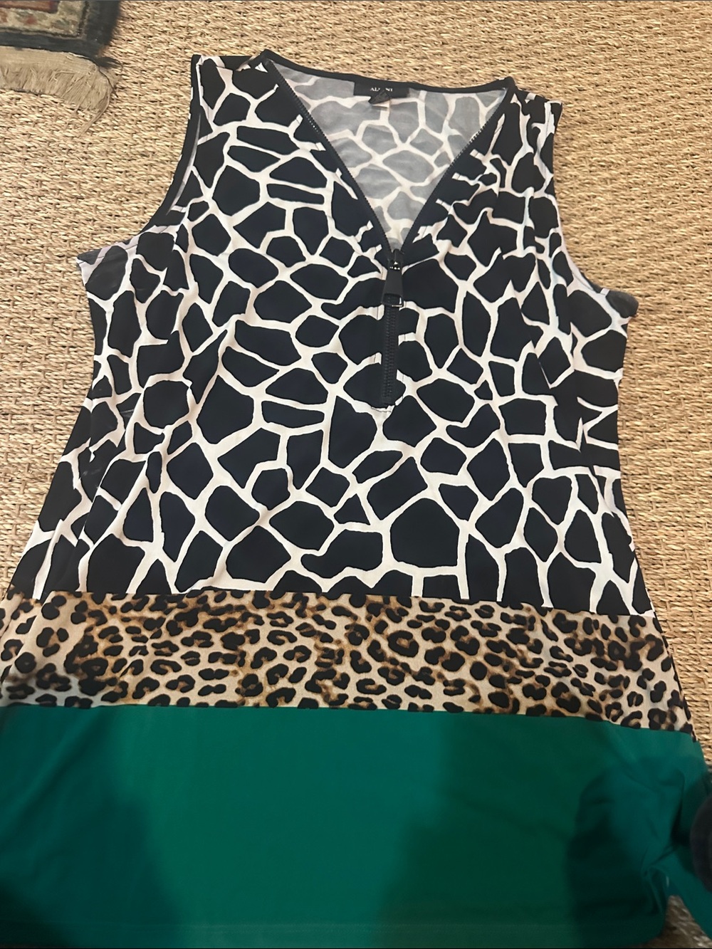 Alfani Black White Animal-Print Tank with Leopard Band and Green Hem